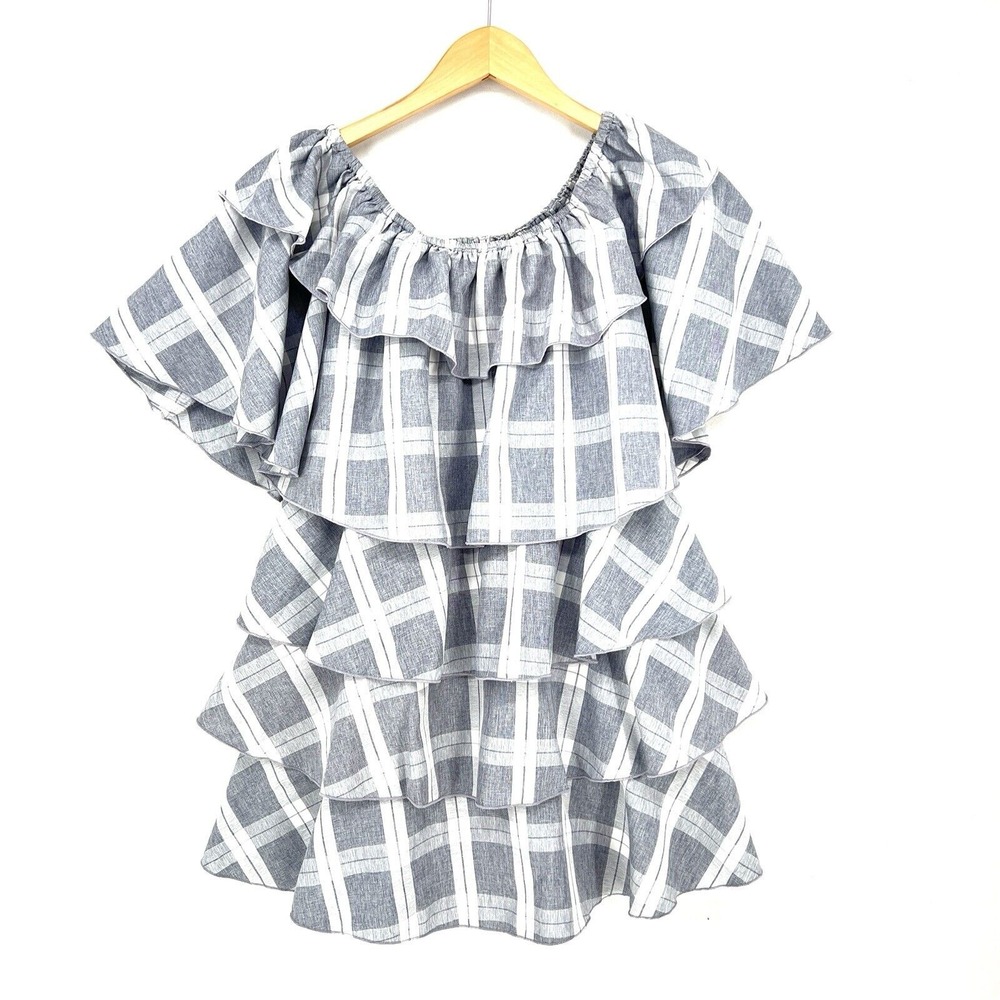 MISSGUIDED Off Shoulder Ruffles Mini Dress Size 4 Gray White Plaid Cotton Tunic